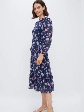 Hyacinth House Navy & Blush Abstract Floral Rosalind Ruffle Midi Dress